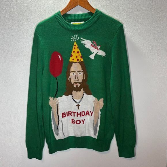 Tipsy Elves Sweater Mens L Green Birthday Boy Jesus Holiday Ugly Christmas Party - Picture 1 of 6